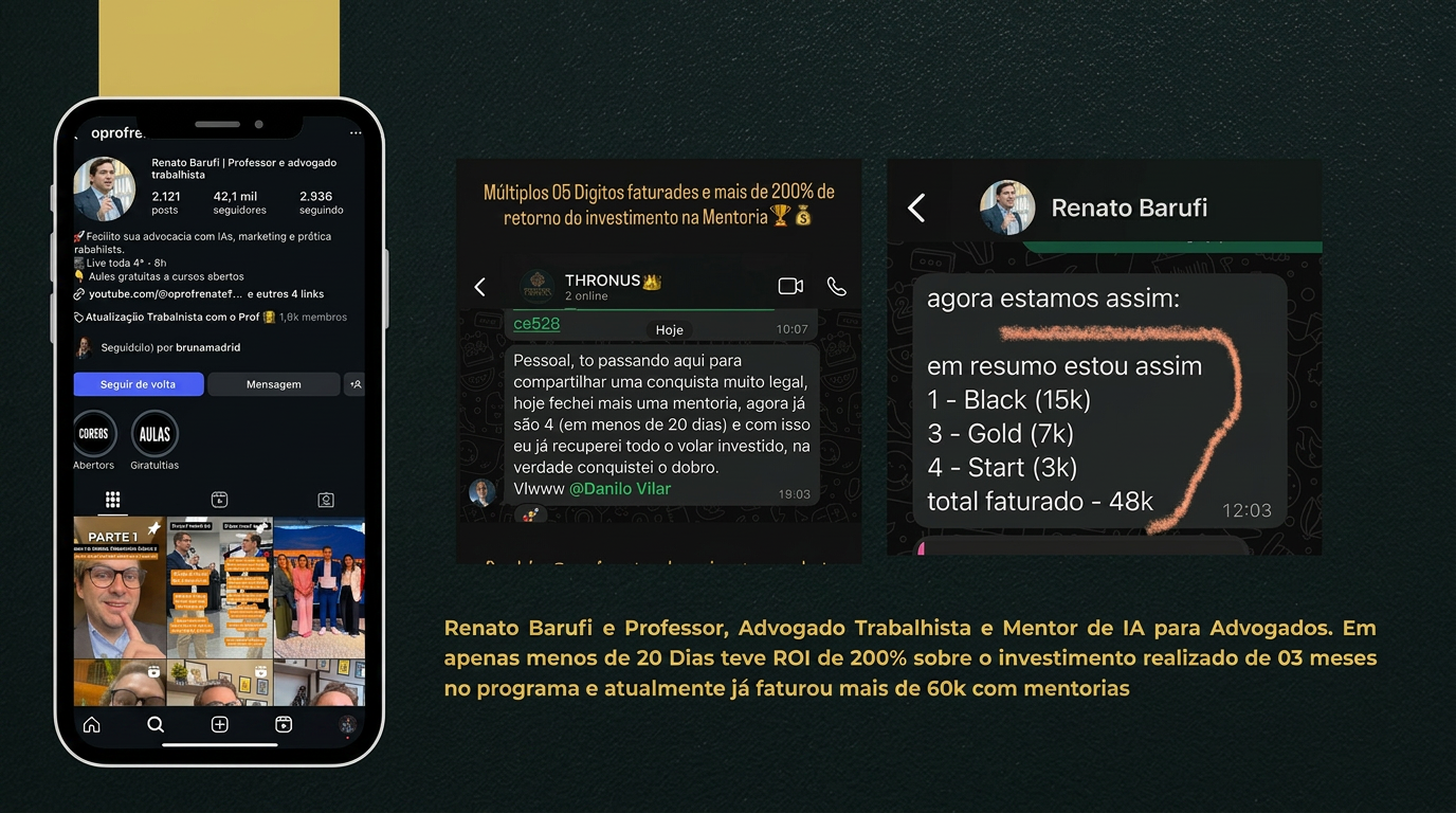 Prints de WhatsApp e Instagram de Renato Barufi mostrando resultados em mentorias